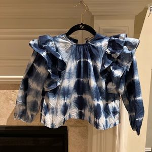 NWT Ulla Johnson Kid's Clara Blouse Ruffle Sleeves Indigo Tie Dye Size 8